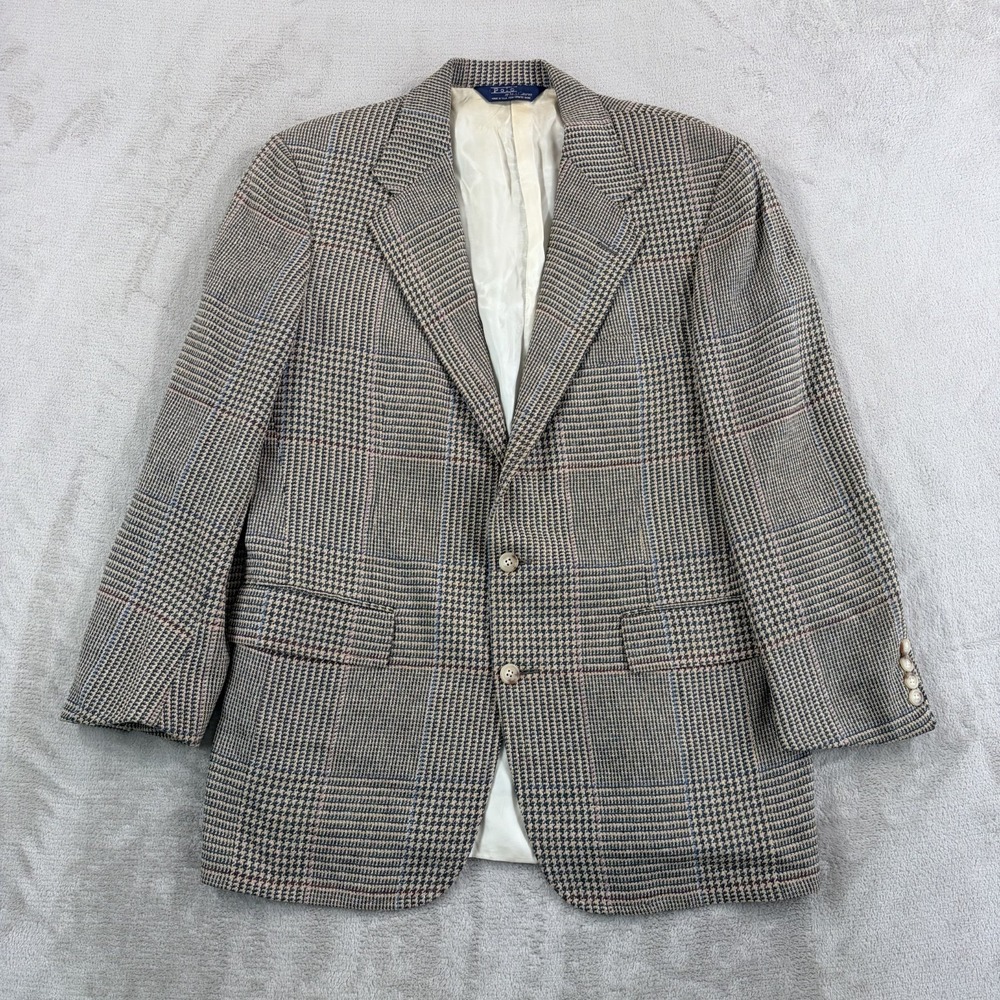 VTG Polo Ralph Lauren Blazer Jacket 42 Glen Check Silk Linen Wool 80s‎ 90s USA